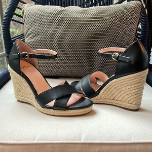 J. CREW Black Leather Ankle Strap Espadrille Wedges